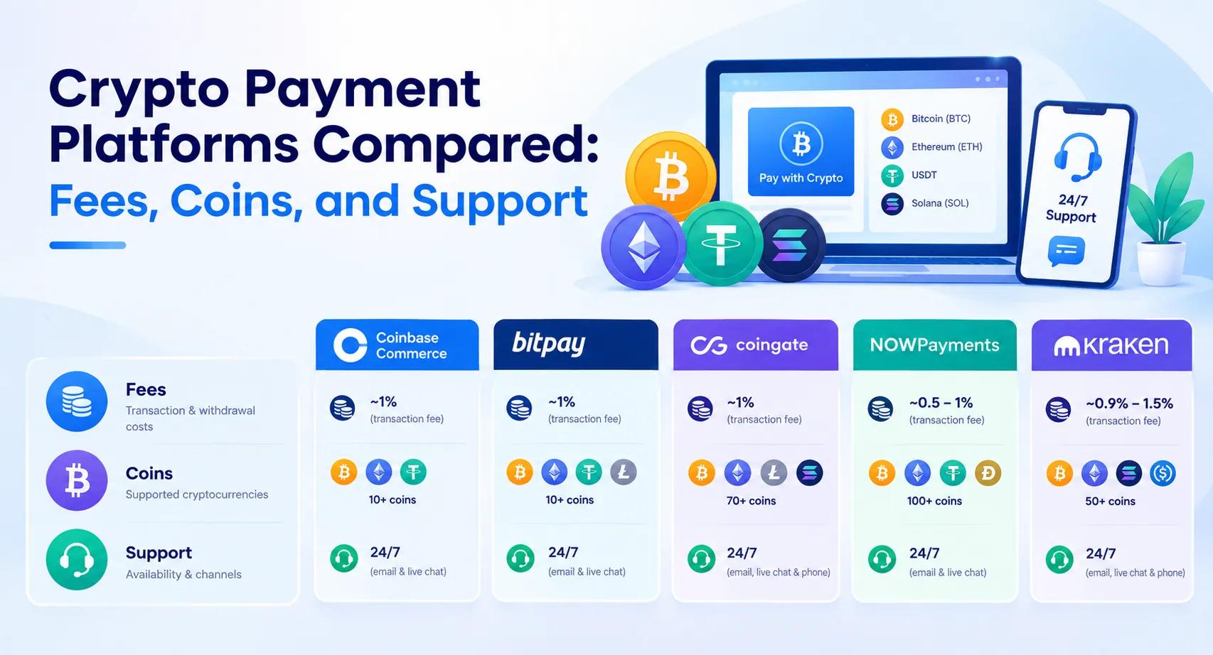 Crypto Payment Platforms Compared: Fees, Coins, and Support
